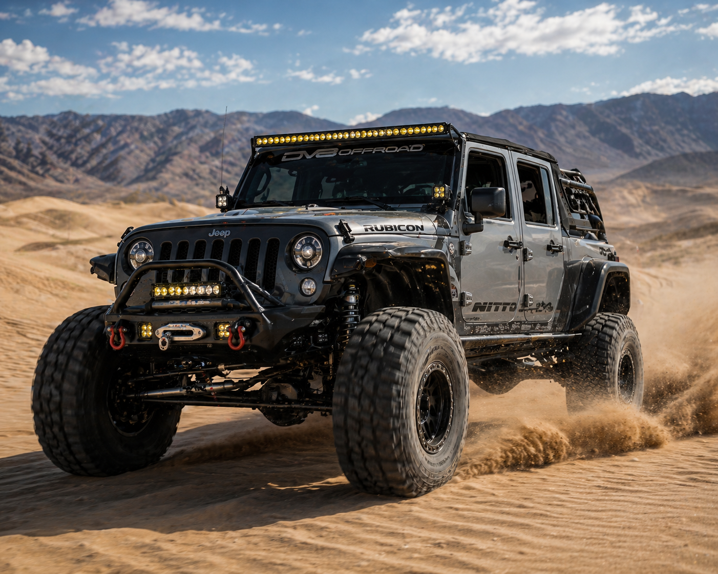 Baja-style Jeep on sand dunes